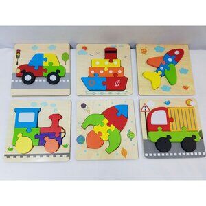 SKYFIELD Wooden Vehicle 6 Puzzles Montessori Color Shapes Car Boat Train Plane